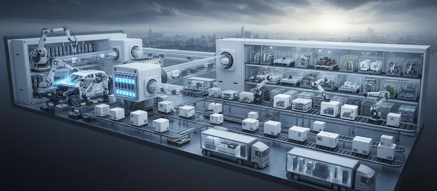 Automated industrial packaging facility with robotic assembly, conveyor systems, and logistics fleet